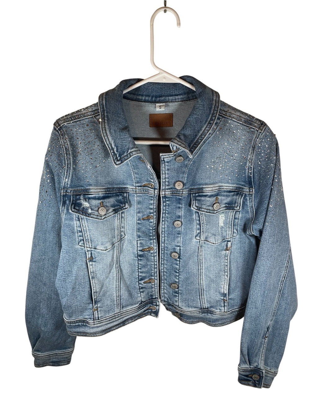 Judy Blue Rhinestone Embellished Distressed Stretch Denim Jacket - Small